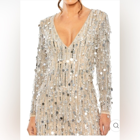 Mac Duggal 92850 Ling Sleeve Beaded Fringe Plunge Neck Dress - Picture 5 of 12